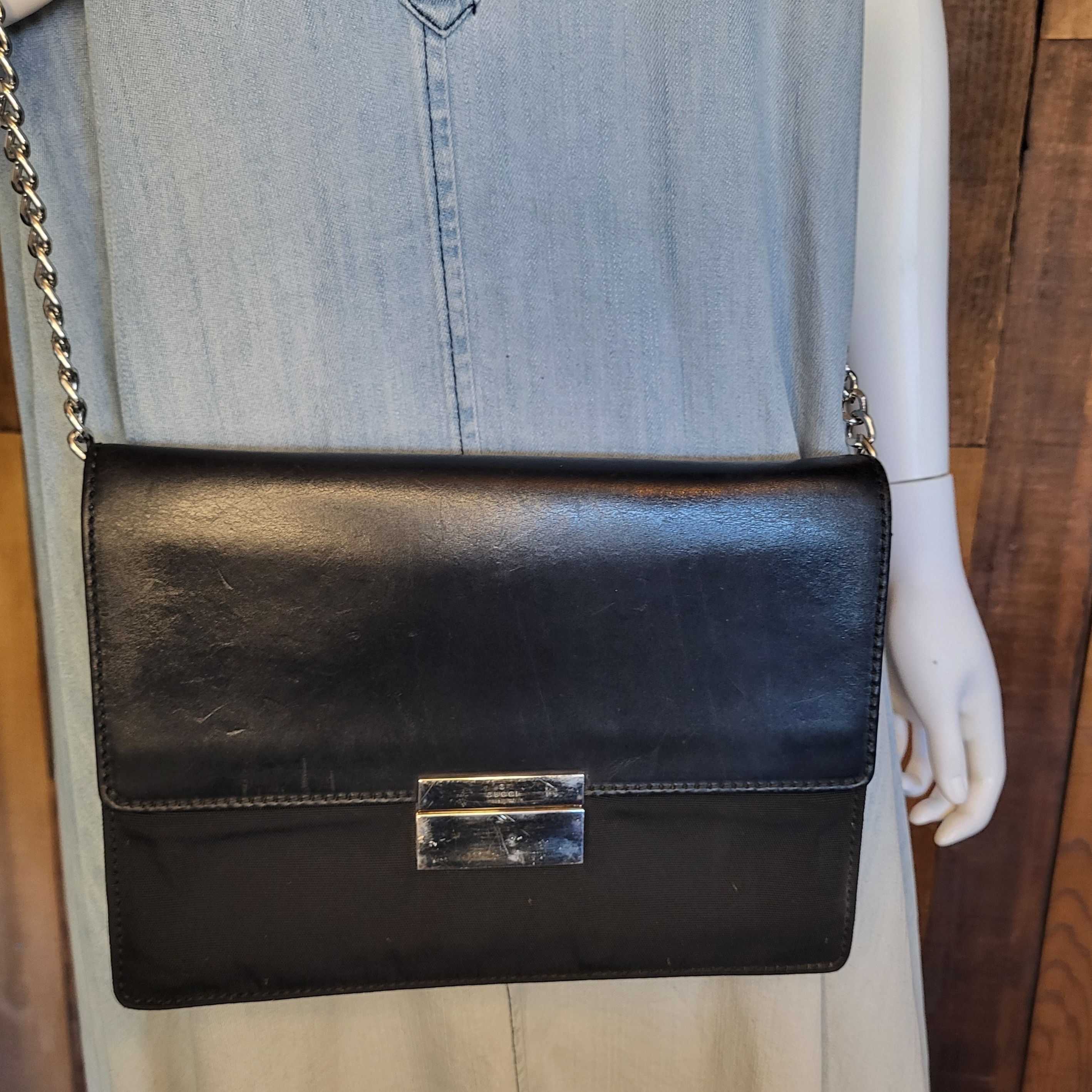 Gucci Black Leather Bag Clutch Crossdody Convertable